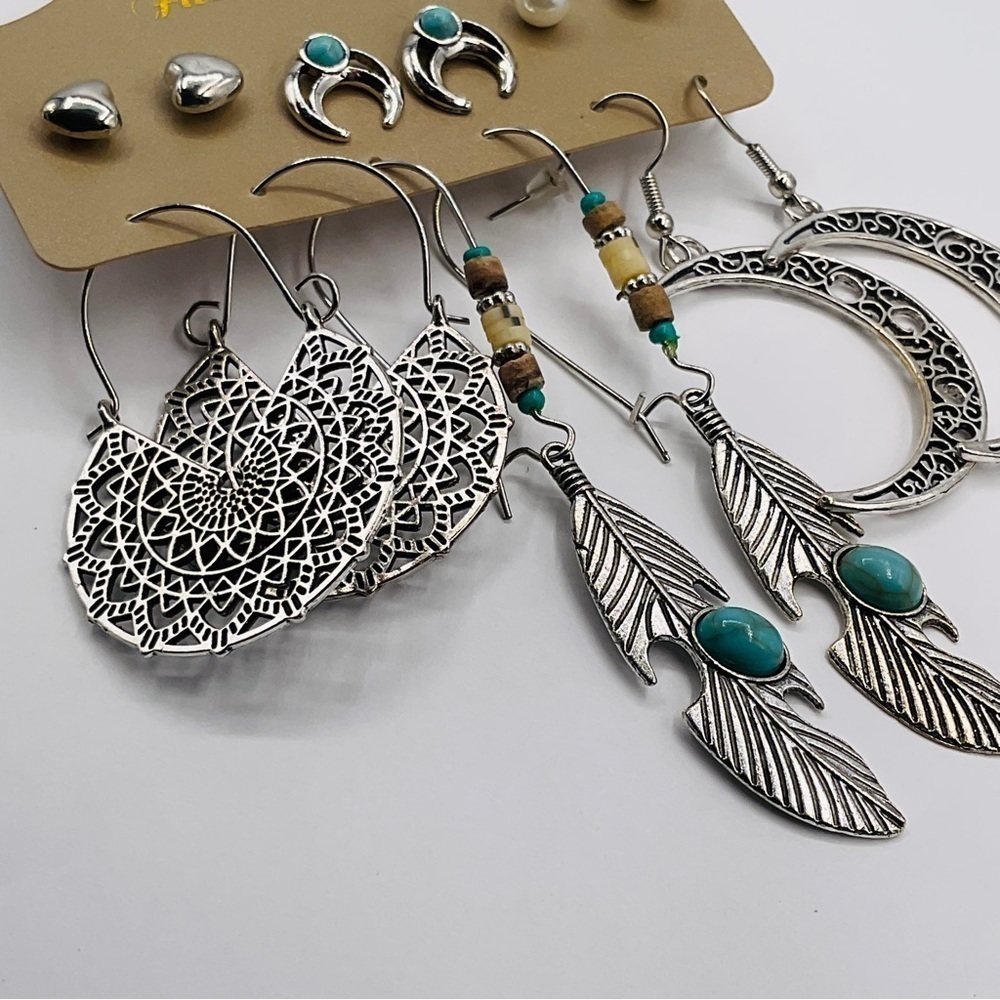 6 Pairs Boho Stud Earring Set Bohemian Feather Heart Dangle Jewelry Silver Tone - Picture 4 of 8